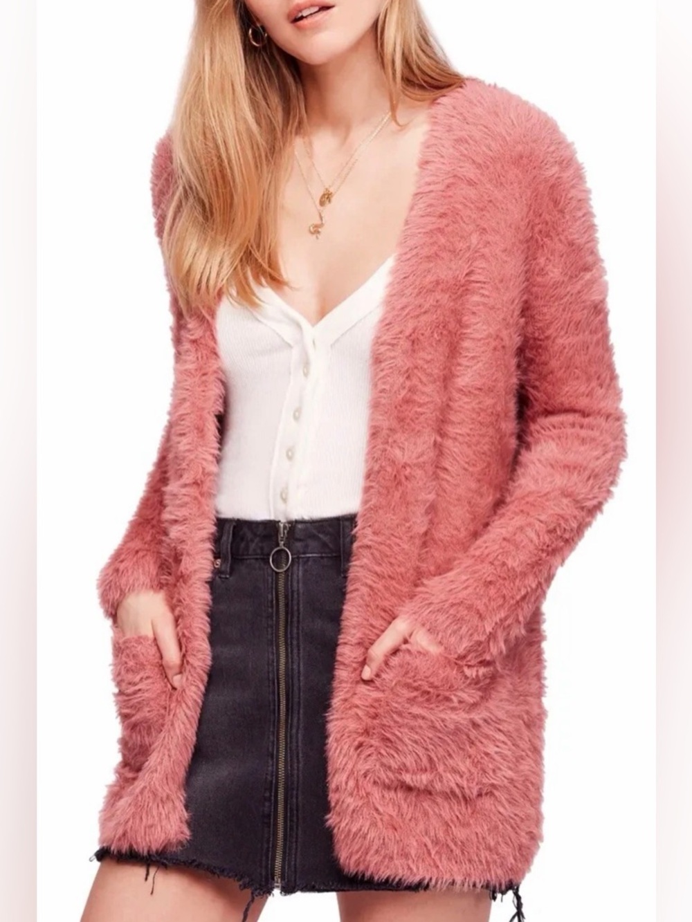 Free People Small Cardigan Sweater Dusty Pink Faux Fur Oversized Open Front - Picture 9 of 9